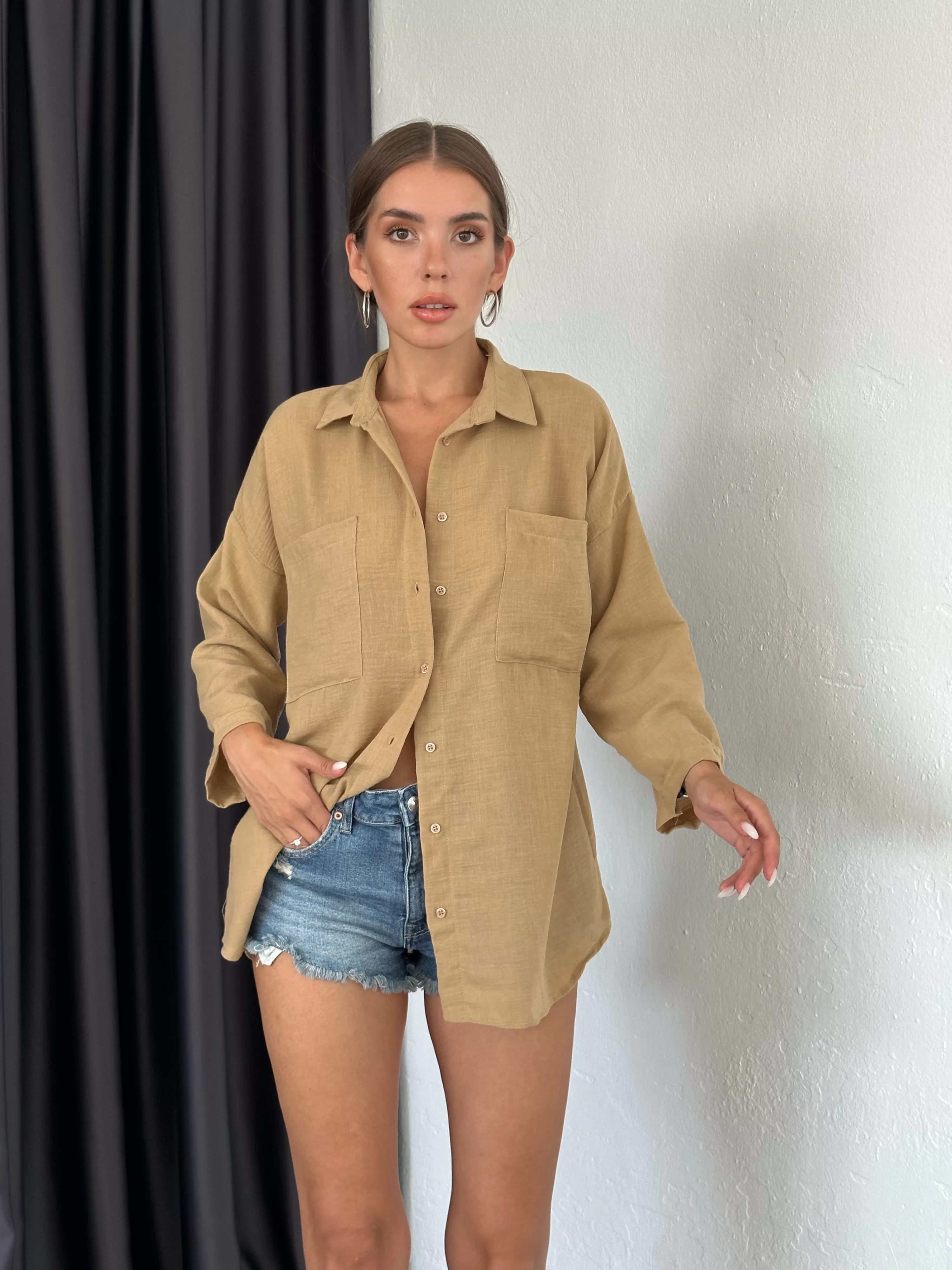 Kadın Camel Çift Cep Keten Gömlek 0999-20055