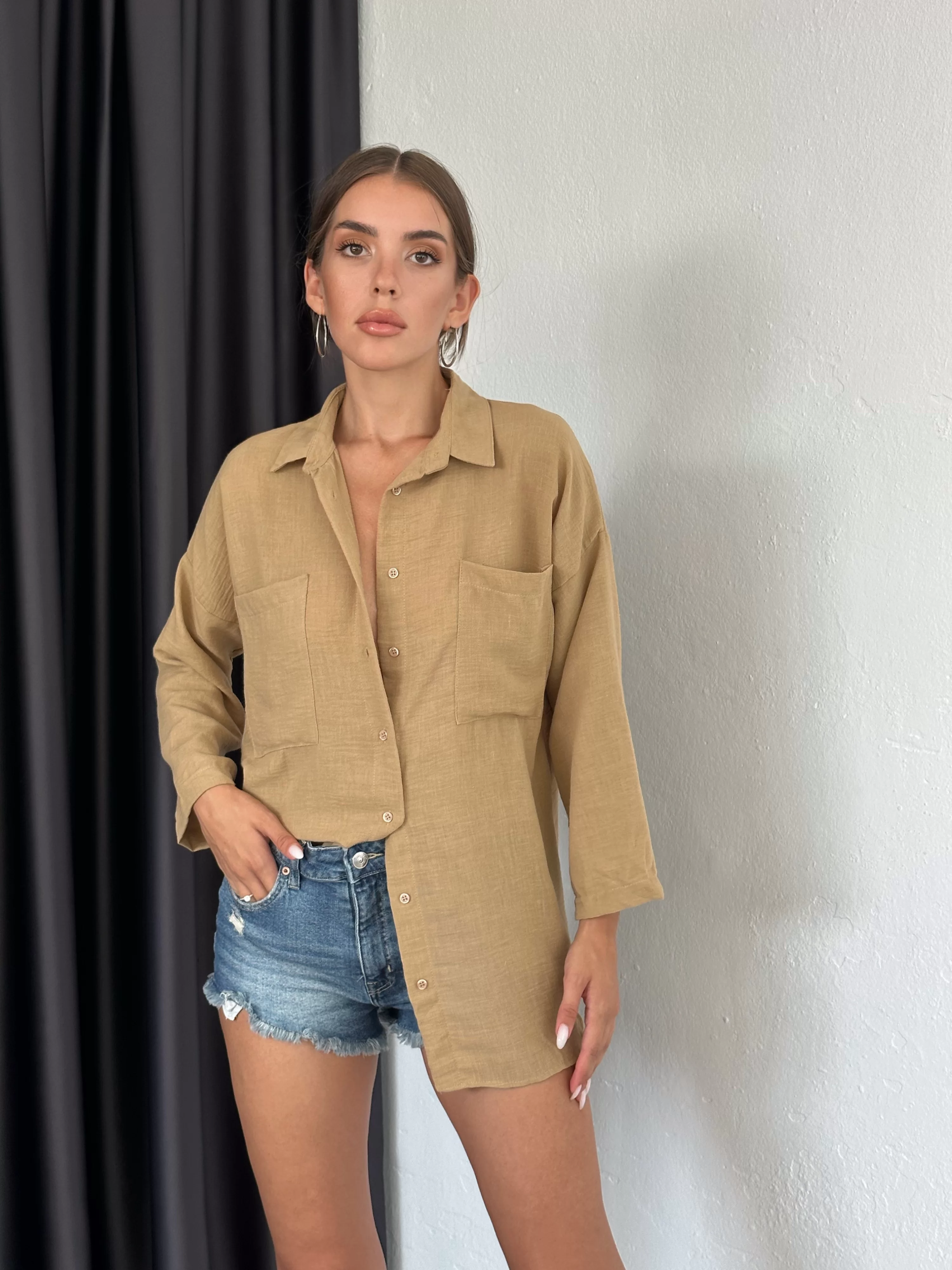 Kadın Camel Çift Cep Keten Gömlek 0999-20055