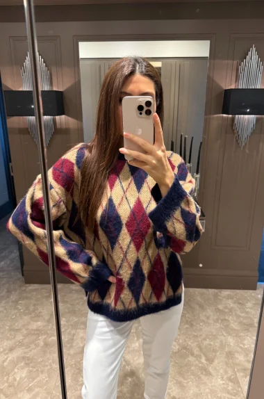 Kadın Bordo Baklava Desen Yırtmaçlı Oversize Kazak 1014-2366