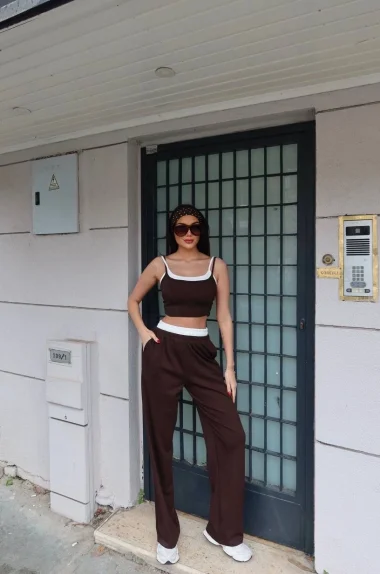 Kadın Kahve Askılı Crop Bel Lastik Pantolon Takım 2530