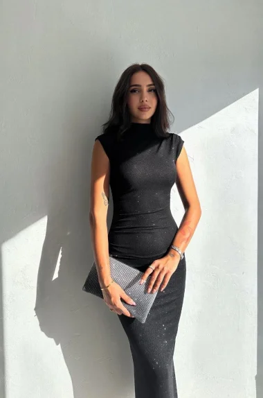 Kadın Siyah Simli Yırtmaçlı Fermuarlı Elbise 3648