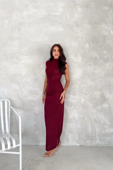 Kadın Bordo Simli Yırtmaçlı Fermuarlı Elbise 3648