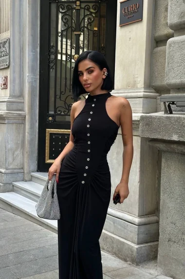 Kadın Siyah Büzgü Detay Düğmeli Elbise 1026-1754