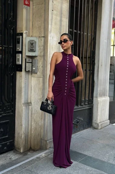 Kadın Mürdüm Büzgü Detay Düğmeli Elbise 1026-1754