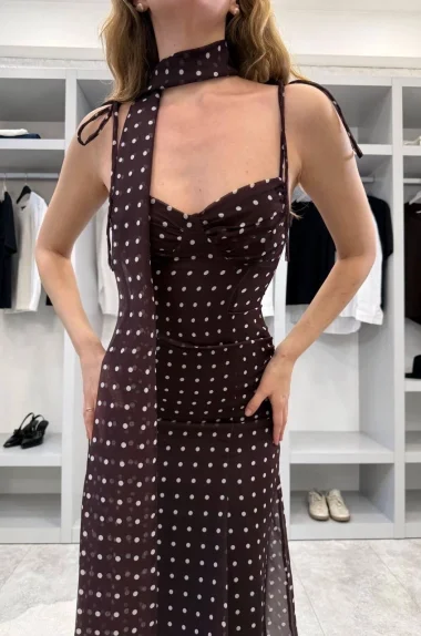 Kadın Kahve Şal Detaylı Puantiyeli Elbise 1041-2777