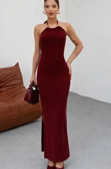 Kadın Bordo Aksesuarlı Lastikli Uzun Elbise 13956