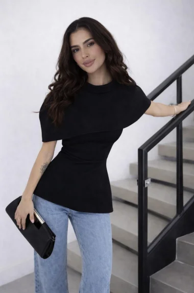 Kadın Siyah Pelerin Detay İki Parça Bluz 0331