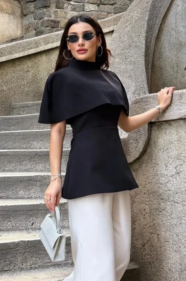 Kadın Siyah Pelerin Detay İki Parça Bluz 0331