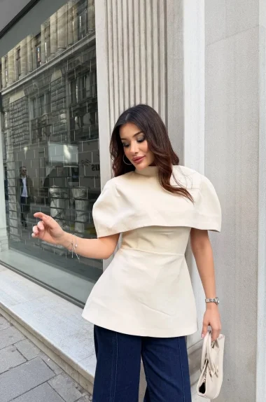 Kadın Krem Pelerin Detay İki Parça Bluz 0331