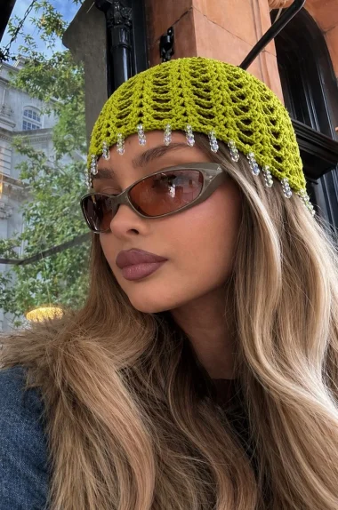 Kadın Yeşil El Yapımı Pul Örgü Taşlı Bandana Bere 852027