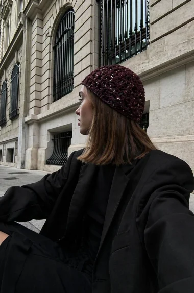 Kadın Bordo El Yapımı Pul Örgü Bandana Bere 852026