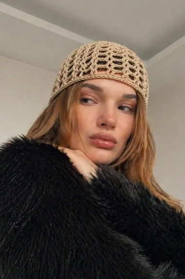 Kadın Bej El Yapımı Örgü Bandana Bere 842026