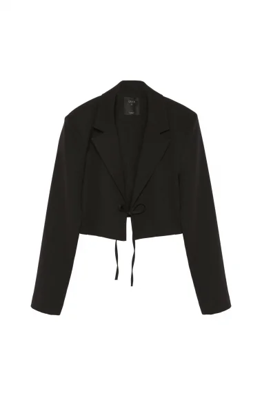 Kadın Siyah Önü Bağlamalı Crop Ceket 10120