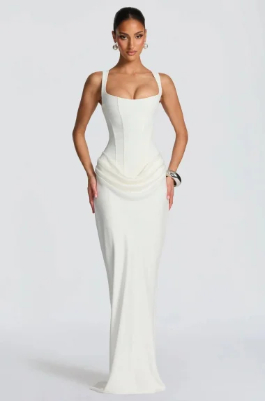 Kadın Beyaz Bağlamalı Uzun Elbise 1026-22237