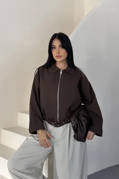 Kadın Acı Kahve Oversize Bomber Gabardin Ceket 2911