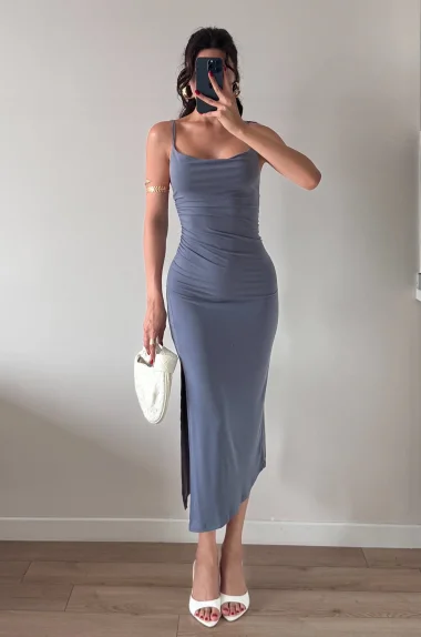 Kadın Antrasit Askılı Yırtmaçlı Uzun Elbise 1009-1034