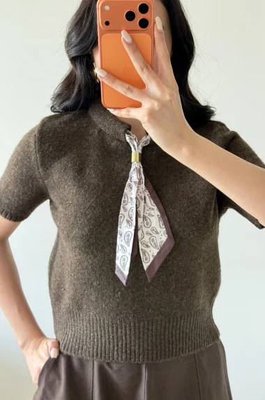 Kadın Antrasit Fularlı Kısa Kol Kazak 1014-2536