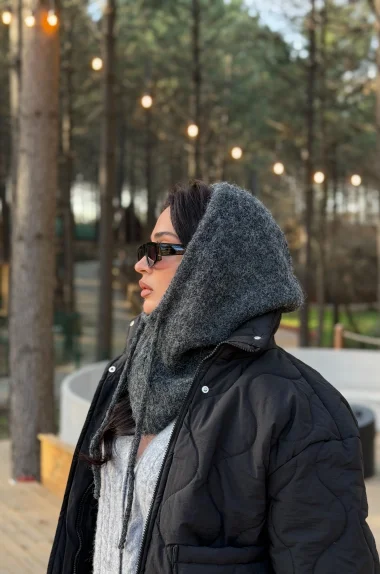 Kadın Antrasit Triko Balaklava Bere 594-14911