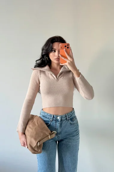 Kadın Bej Crop Kazak 1014-2022