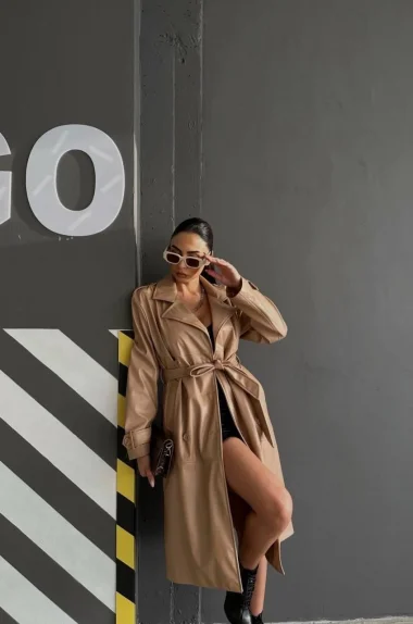 Kadın Bej Deri Trençkot 0999-8128