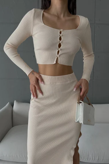 Kadın Bej Hırka Etek Takım 1018-1129