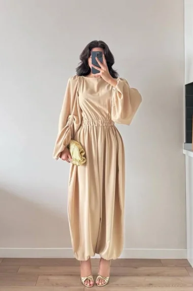 Kadın Bej Kolları Pileli Bel Büzgülü Tulum 1041-2685