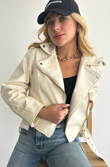 Kadın Bej Kuşaklı Deri Ceket 1007-1031