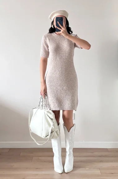 Kadın Bej Midi Triko Elbise 2515