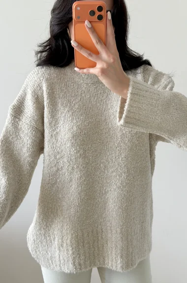 Kadın Bej Oversize Buklet Kazak 1014-2347