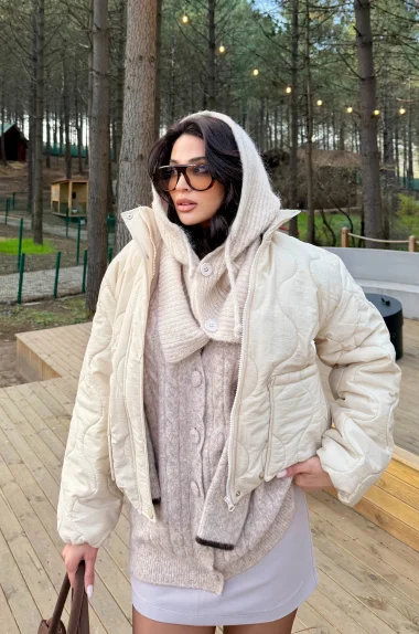 Kadın Bej Triko Düğmeli Balaklava Bere 594-14800