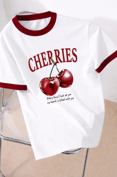 Kadın Beyaz Cherries Baskılı Tshirt 13878