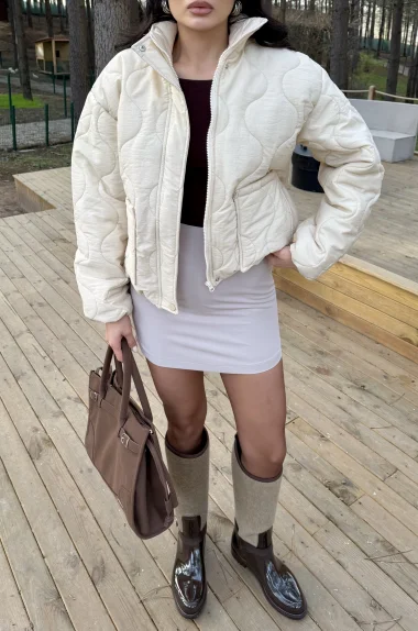 Kadın Beyaz Fermuarlı Cepli Mont 0445-26009