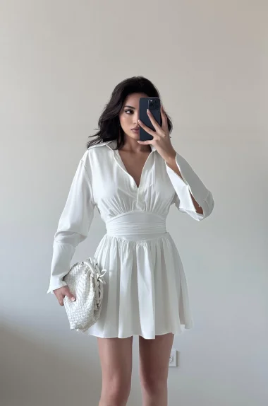 Kadın Beyaz Gömlek Elbise 1041-2677