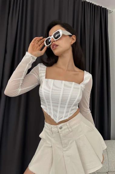 Kadın Beyaz Tül Detay Balenli Crop Büstiyer 1032-1930