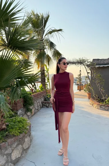 Kadın Bordo Bağlamalı Kısa Elbise 1026-221677