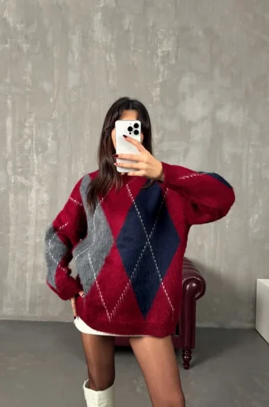 Kadın Bordo Baklava Desen Kazak EKA-0080-0001