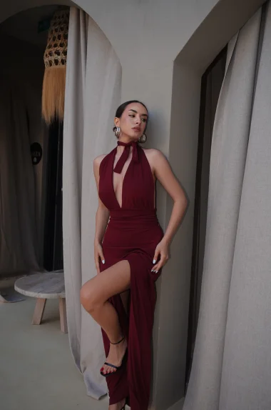 Kadın Bordo Halter Yaka Uzun Elbise 0994-2209