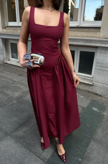 Kadın Bordo Sırt Dekolteli Elbise 1026-0042