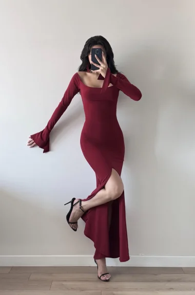 Kadın Bordo Yırtmaçlı Uzun Elbise 1041-2465