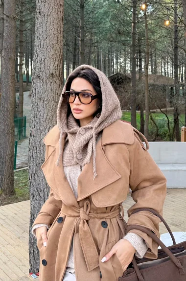 Kadın Camel Triko Düğmeli Balaklava Bere 594-14800