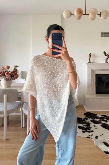 Kadın Ekru Asimetrik Triko Bluz 0181