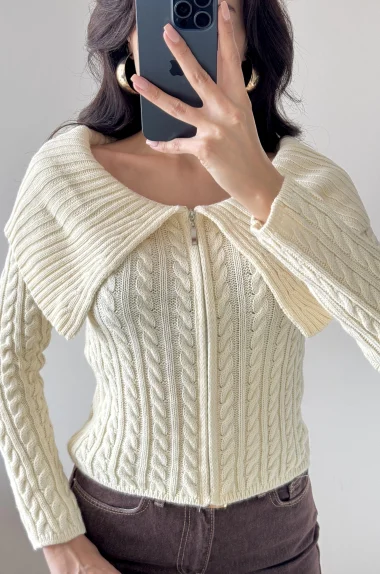 Kadın Ekru Fermuarlı Hırka 1014-2406