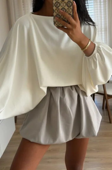 Kadın Ekru Yarasa Kol Oversize Bluz 1627