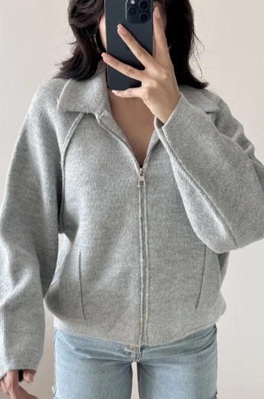 Kadın Gri Fermuarlı Oversize Hırka 1014-2381