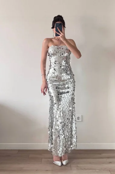 Kadın Gri Straplez PulPayet Elbise 1041-2719