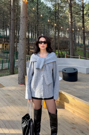 Kadın Gri Triko Düğme Oversize Hırka 1014-2561