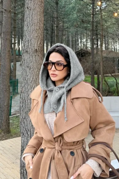 Kadın Gri Triko Düğmeli Balaklava Bere 594-14800