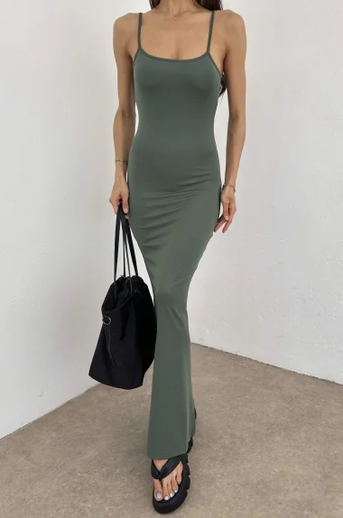 Kadın Haki Askılı Uzun Elbise 0999-105901