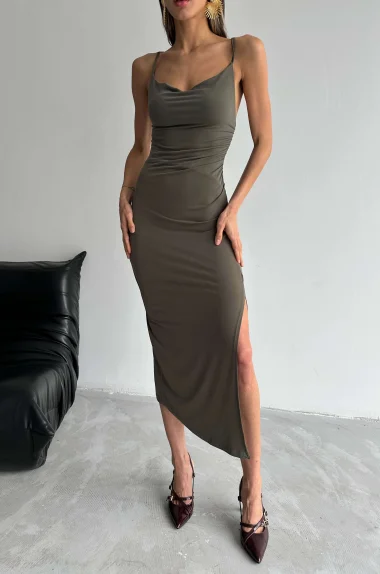 Kadın Haki Askılı Yırtmaçlı Uzun Elbise 1009-1034