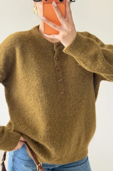 Kadın Haki Düğmeli Açık Yaka Kazak 1014-2464